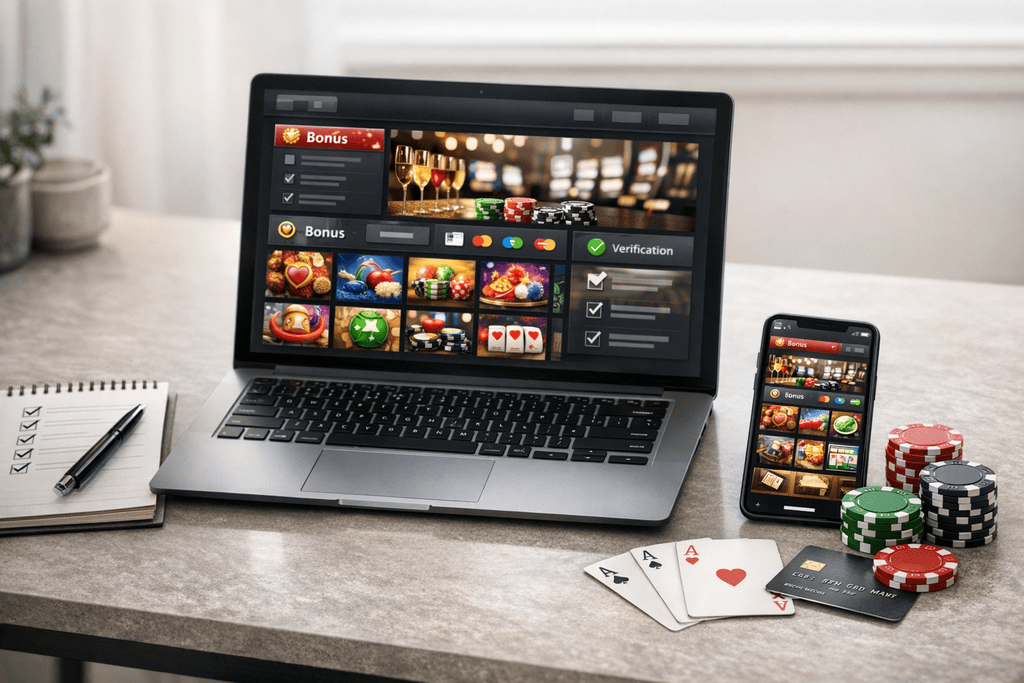 Moderne Schreibtisch-Szene mit Laptop und Smartphone, die Websites der besten Online Casinos zeigen, ergänzt durch Notizblock, Spielkarten, Pokerchips und Bankkarte für seriösen Vergleich.